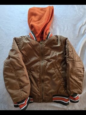 Toddler Boys Brown Bomber Jacket w/ Orange Hoodie Lining